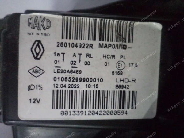 Renault Clio 5 İcon Sağ Far Orj 260104922R CP HP (AA120)