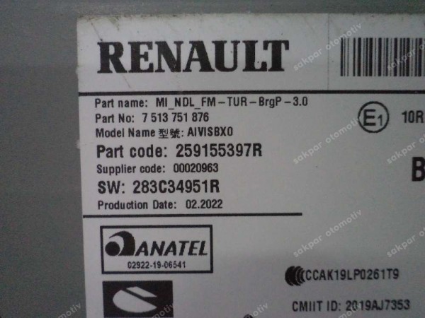 Renault Clio 5 Radyo Teyp Orjinal 259155397R YP (GI120)