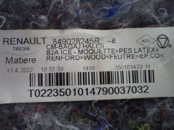 Renault Clio 5 Bagaj Halısı Orj 849028245R CP (11BC-110)