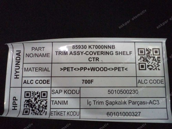 Hyundai İ10 Bagaj Perdesi MDF Rafı Pandizot 85930-K7000NNB SP YP (IA120)