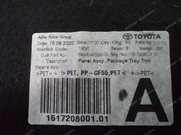 Toyota Yaris Bagaj Pandizotu 64330-K0020 SP YP (IA120)