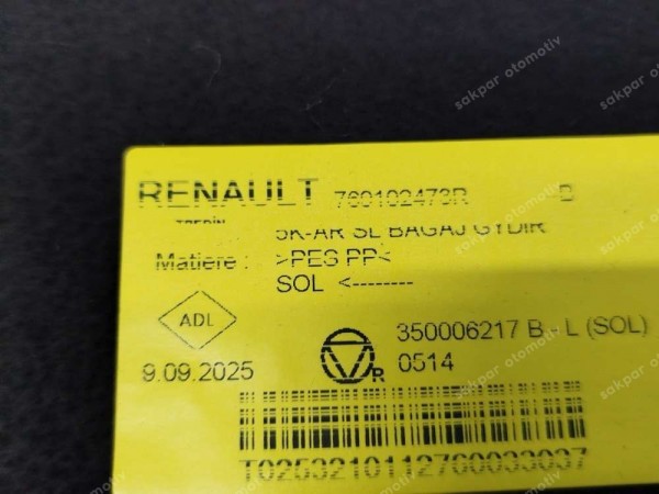 Renault Megane 4 Bagaj Kaplaması Sol Kapak 760102473R SP (BA122)