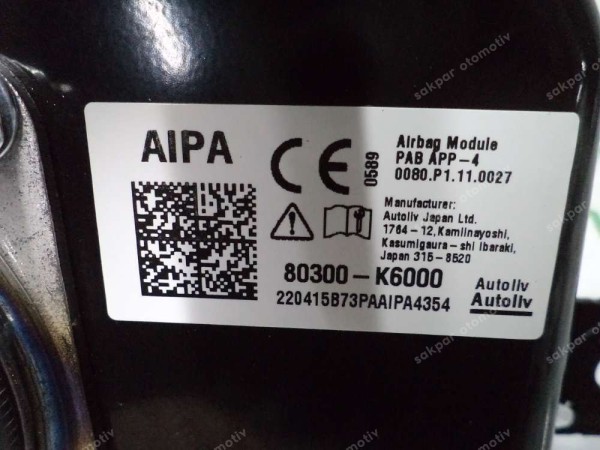 Hyundai i10 Yolcu Airbag Hava Yastığı Sökme Orj 80300-K6000 SP YP (BD123)